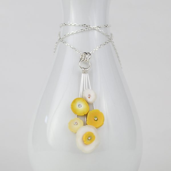 Yellow 5 flower dot clay and silver necklace