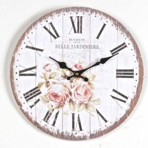 Round wood wall clock with romantic roses